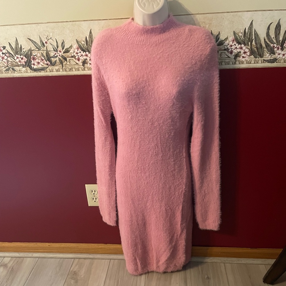 Fashion Nova Pink Long-Sleeve Faux-Fur Sweater Dress